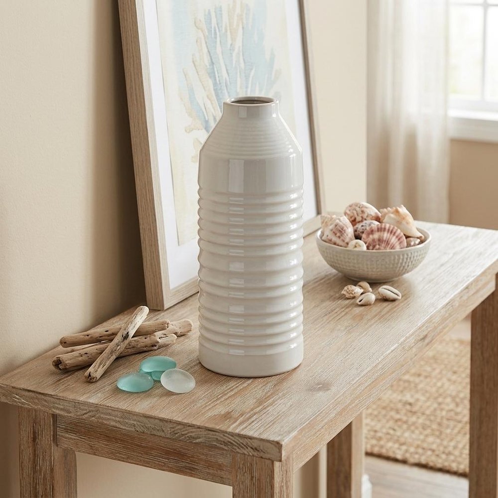 15" White Ribbed Cylinder Terracotta Table Vase HomeRoots