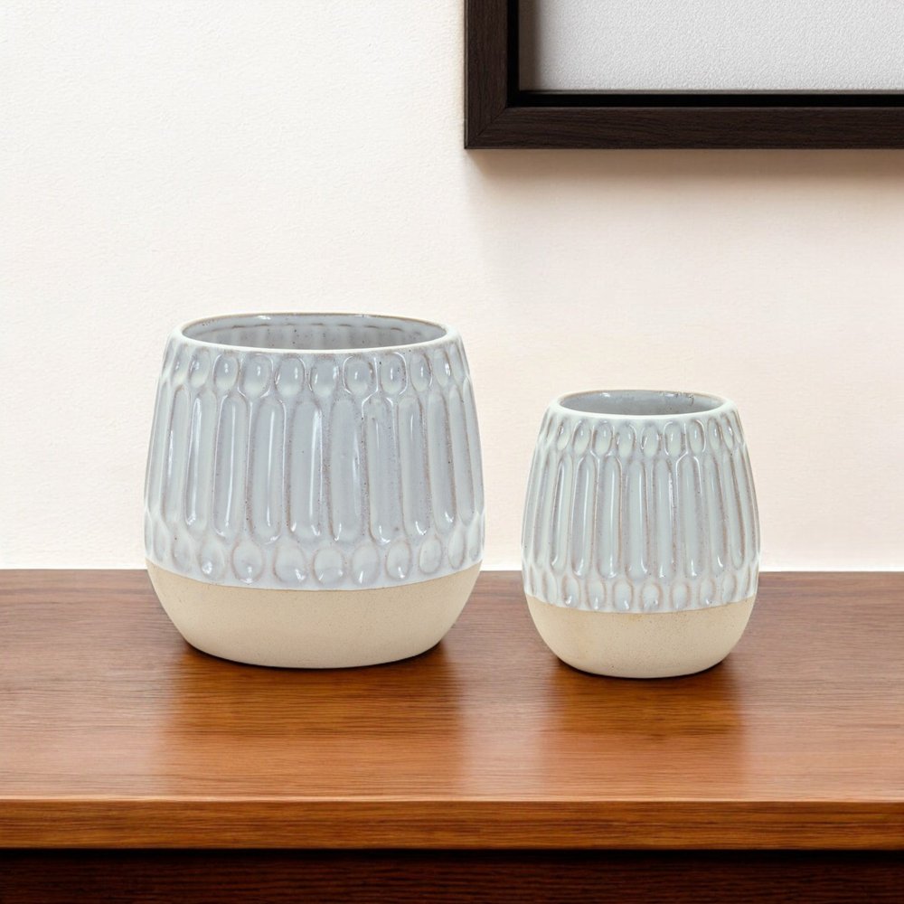 Set of Two Beige and White Ribbed Round Porcelain Table Vase HomeRoots