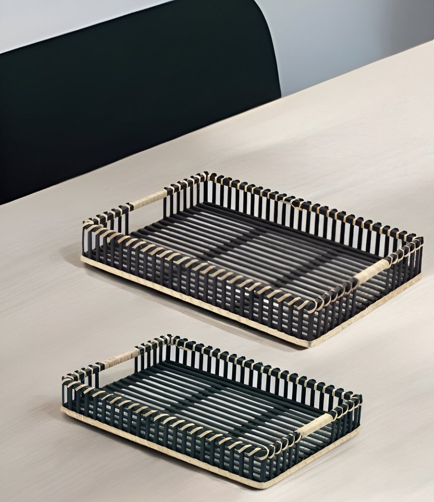 Set of Two Black Rectangular Solid Wood Serving Tray With Handles HomeRoots