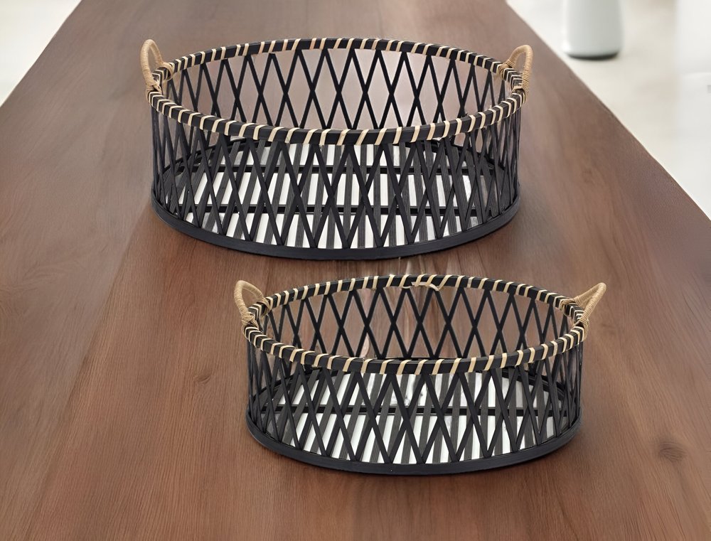 Set of Two Black and Tan Round Bamboo Serving Tray With Handles HomeRoots
