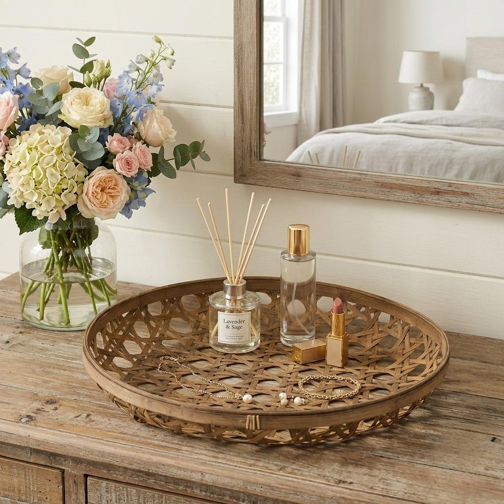 22" Brown Round Bamboo Vanity Tray HomeRoots