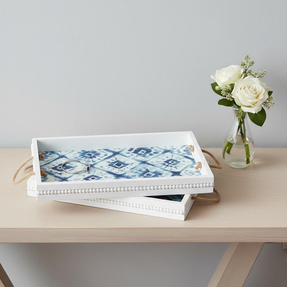 Set of Two White And Blue Solid Wood Geometric Trays With Handles HomeRoots