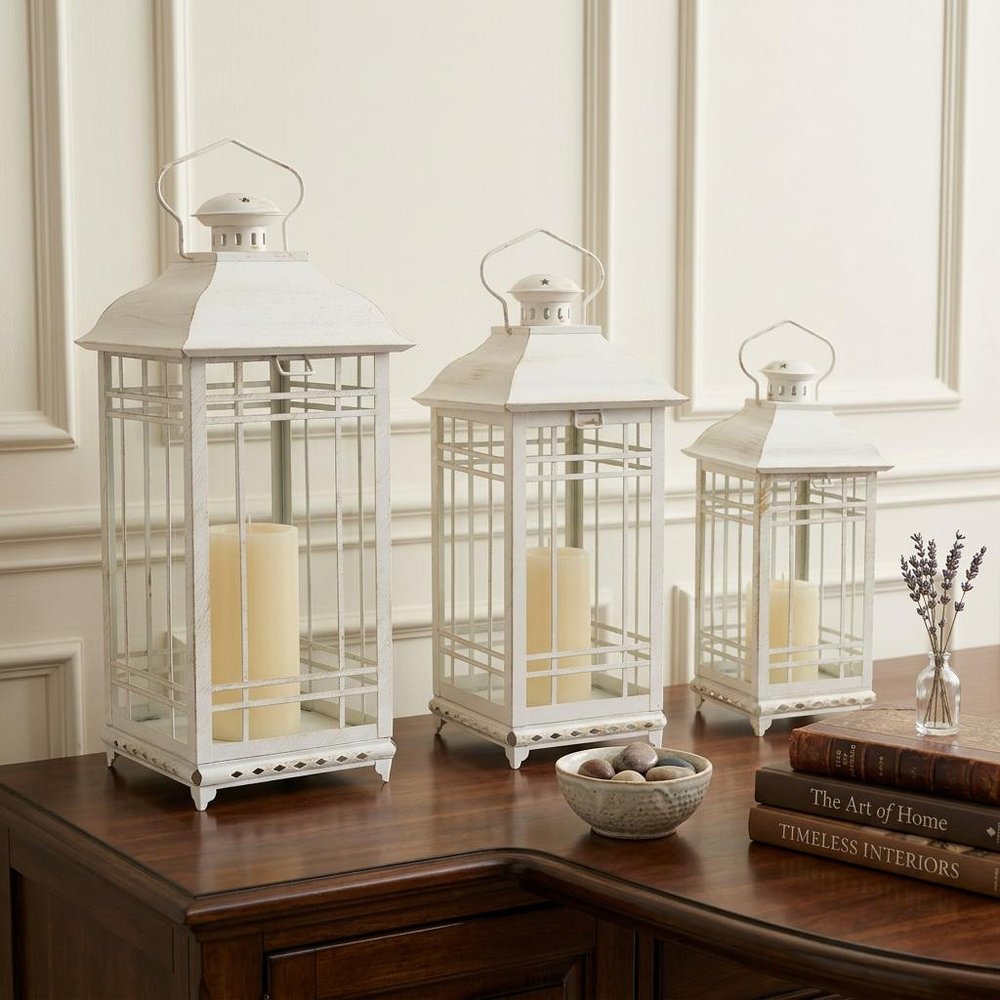 Set of Three Ivory Metal Mirrored Floor Lantern Candle Holders HomeRoots