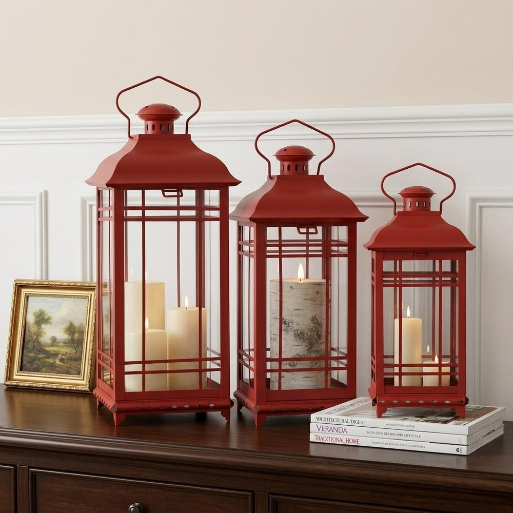 Set of Three Red Geometric Glass And Metal Floor Lantern Candle Holders HomeRoots