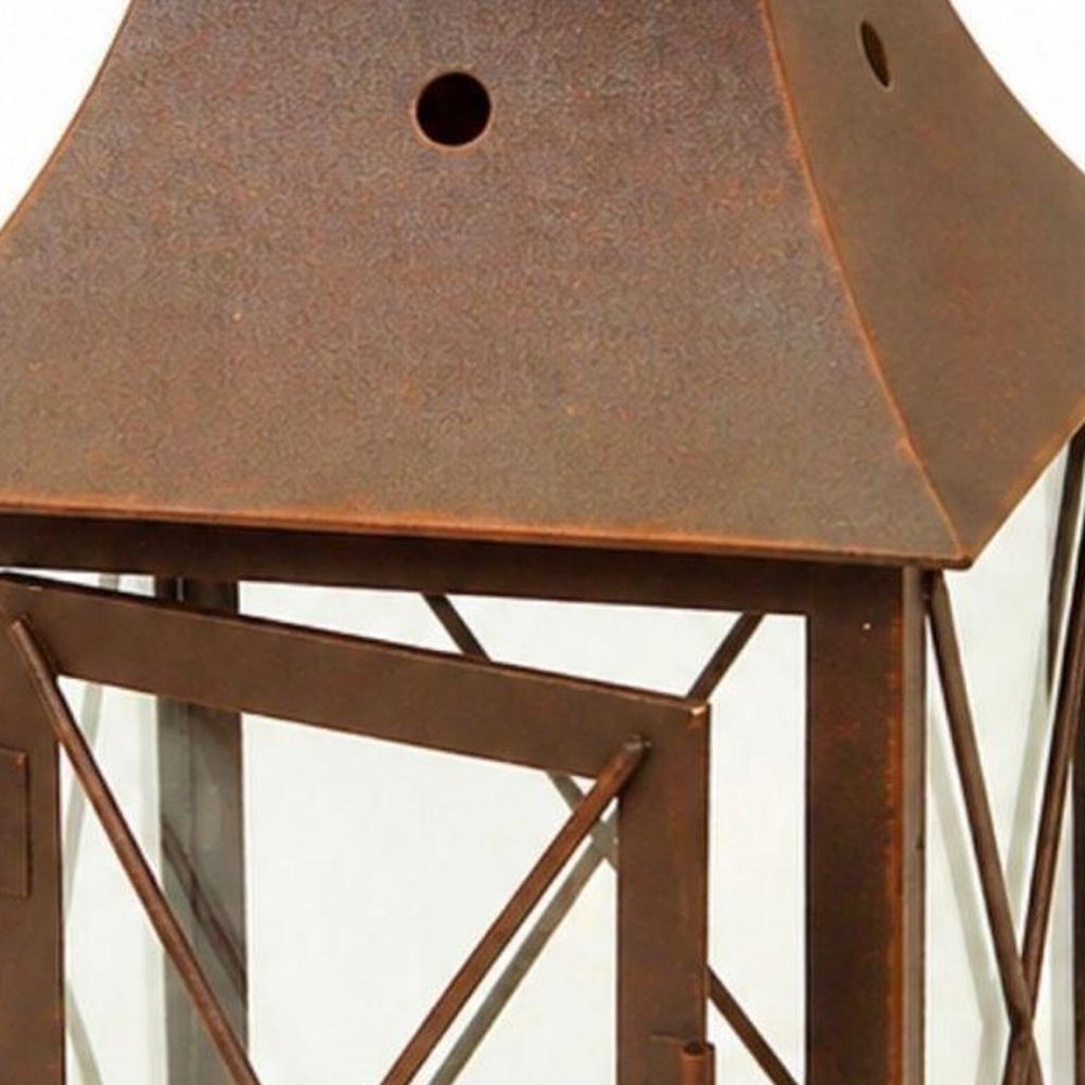 Set of Three Brown Lattice Glass And Metal Floor Lantern Candle Holders HomeRoots