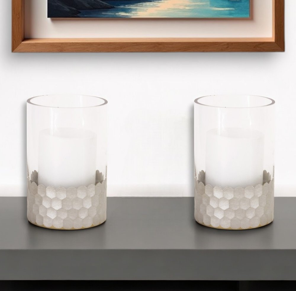 Set of Two Clear and Silver Glass Geometric Tabletop Pillar Candle Holders HomeRoots