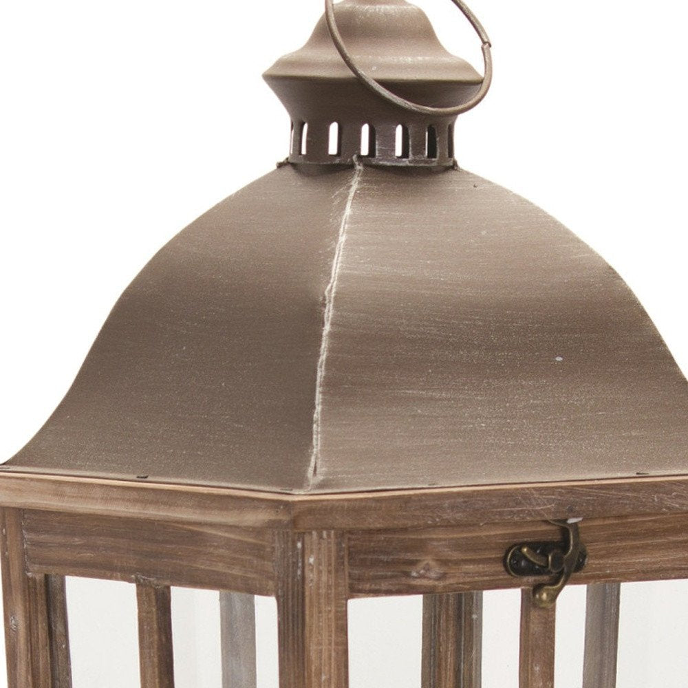 Set of Two Natural Distressed Ornate Solid Wood Tabletop Lantern Candle Holders HomeRoots