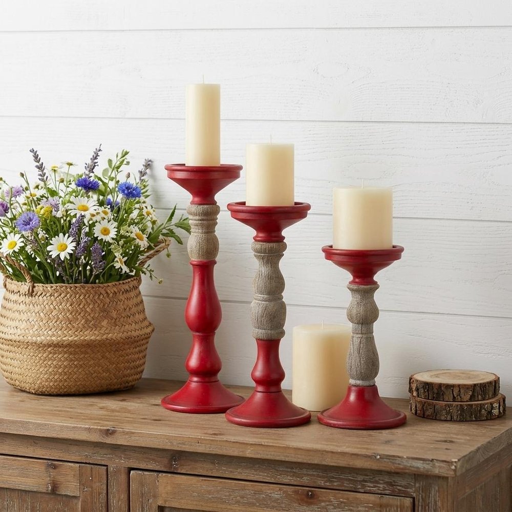 Set of Three Red And Natural Ornate Resin Tabletop Pillar Candle Holders HomeRoots