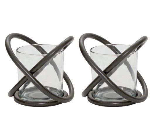 Set of Two Clear And Black Distressed Glass And Metal Tabletop Votive Candle Holders HomeRoots