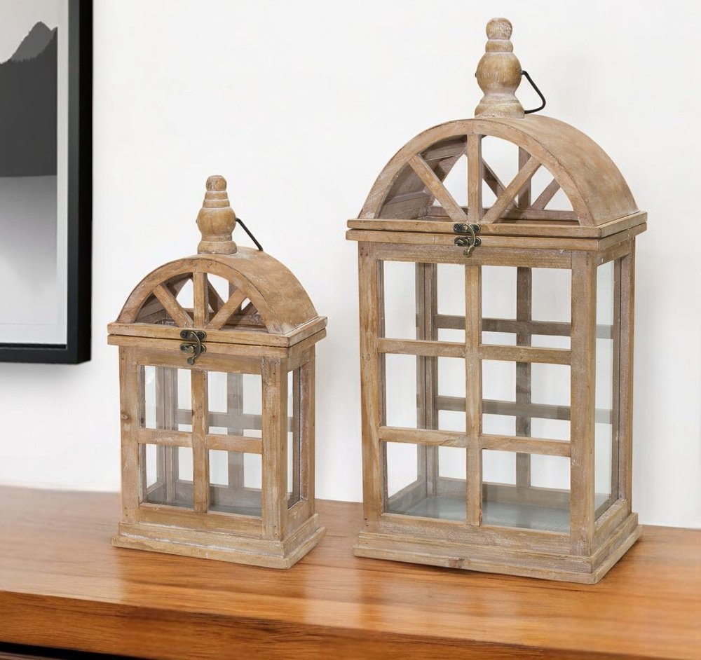 Set of Two Natural Distressed Geometric Wood And Glass Floor Lantern Candle Holders HomeRoots
