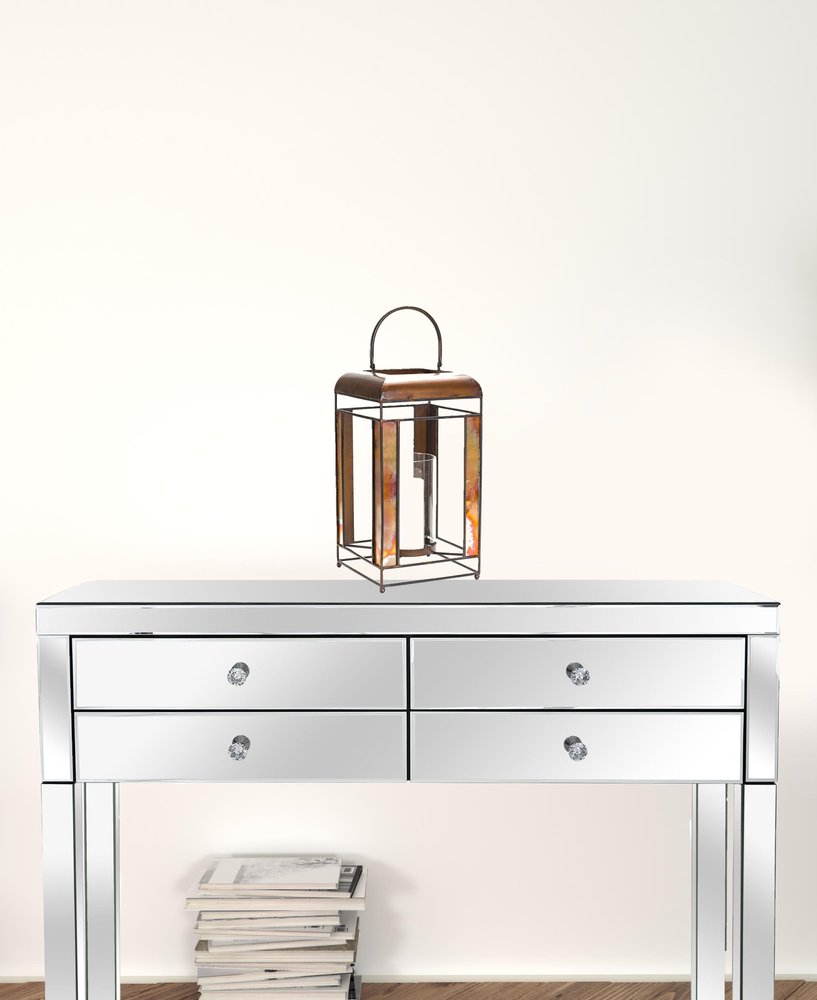 17" Bronze Distressed Geometric Metal And Glass Tabletop Lantern Candle Holder HomeRoots