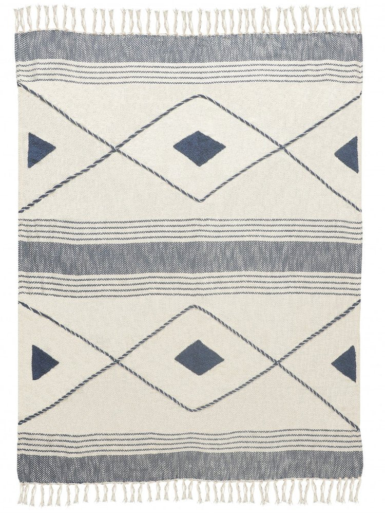 60" X 50" Beige Woven Cotton Striped Throw Blanket with Fringe HomeRoots
