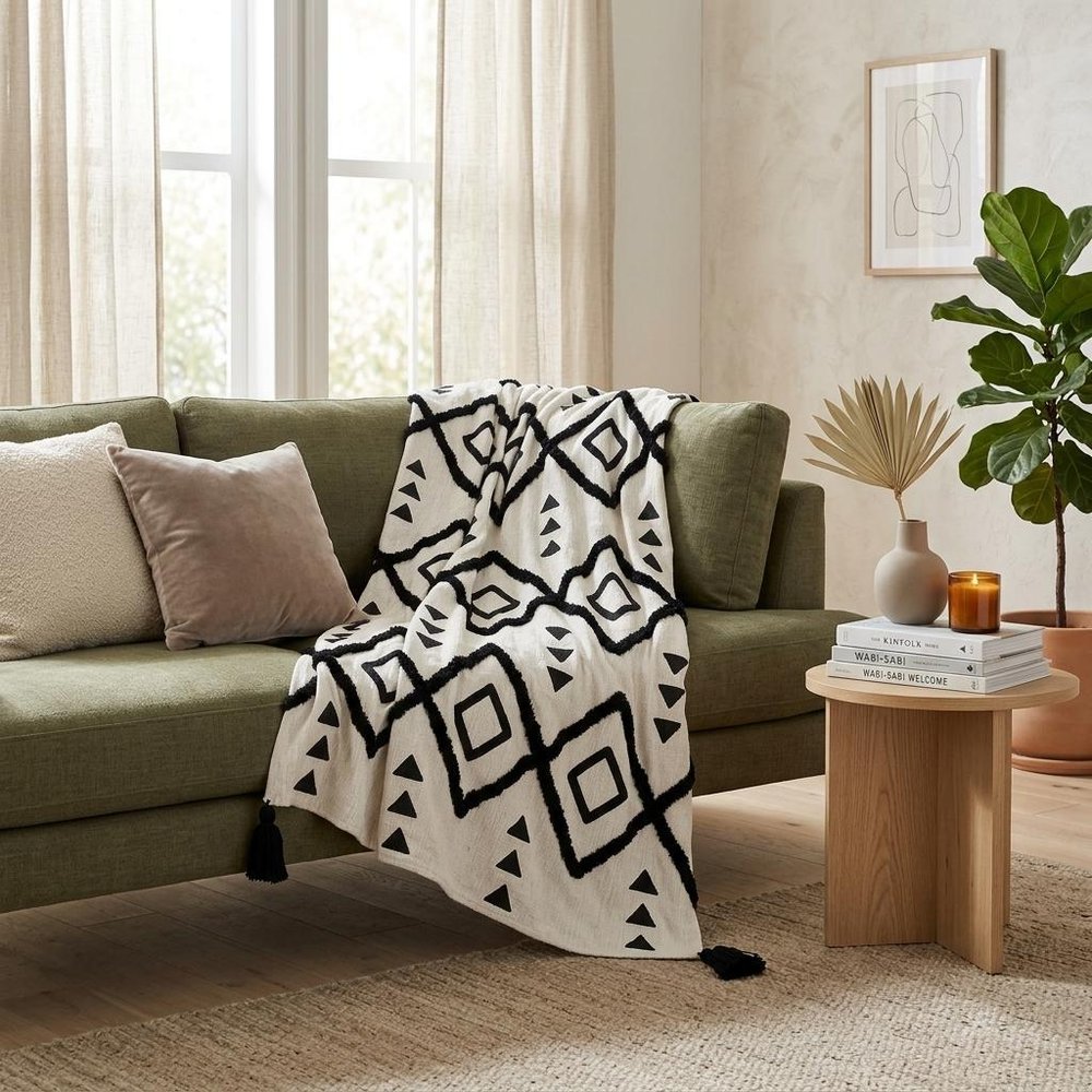 60" X 50" Black and White Woven Cotton Geometric Throw Blanket with Tassels HomeRoots