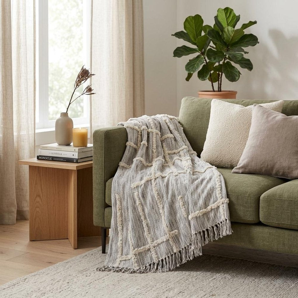 60" X 50" Gray Woven Cotton Striped Throw Blanket with Fringe HomeRoots