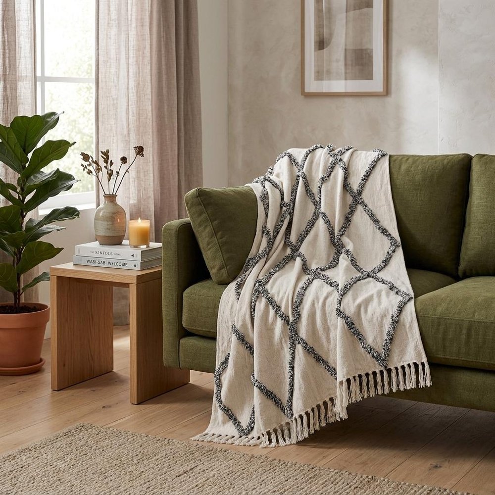 60" X 50" Cream Woven Cotton Geometric Throw Blanket with Fringe HomeRoots