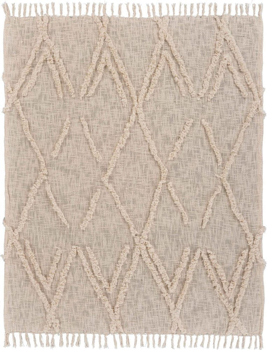 60" X 50" Beige Woven Cotton Geometric Throw Blanket with Fringe HomeRoots
