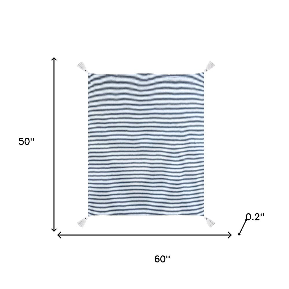 50" X 60" Blue and White Woven Cotton Striped Throw Blanket with Tassels HomeRoots