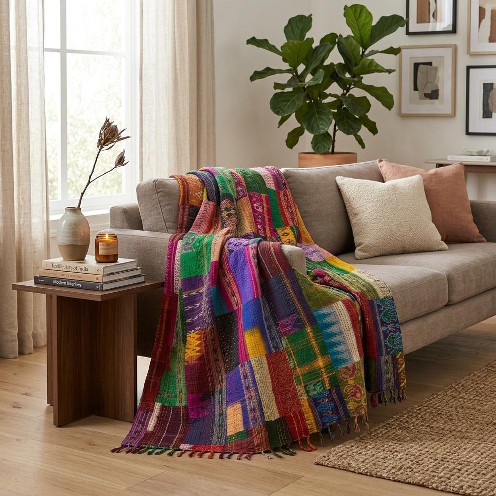 70" X 50" Blue and Green Kantha Silk Patchwork Throw Blanket with Embroidery HomeRoots