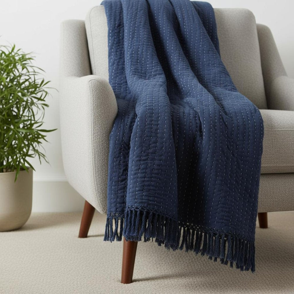 60" X 50" Blue Kantha Cotton Throw Blanket with Embroidery HomeRoots