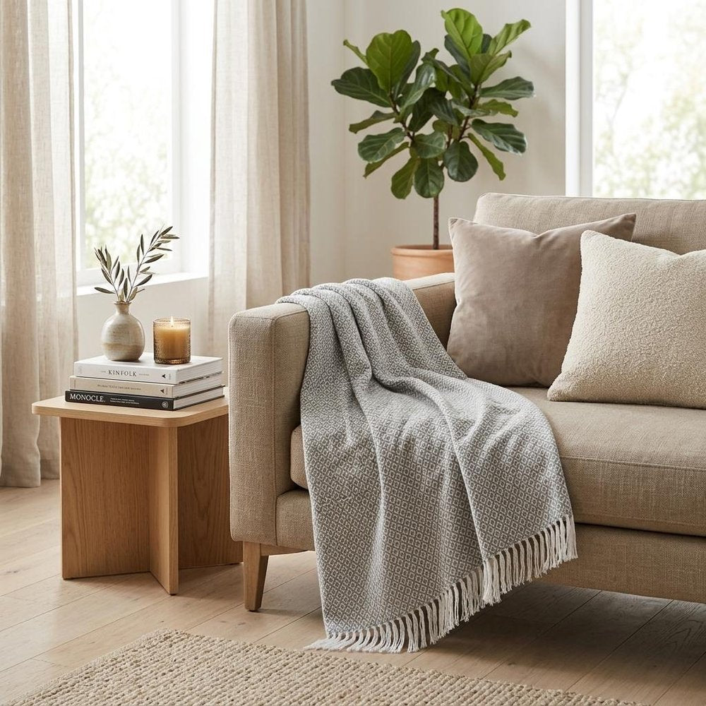 50" X 60" Gray and White Woven Cotton Geometric Throw Blanket with Fringe HomeRoots