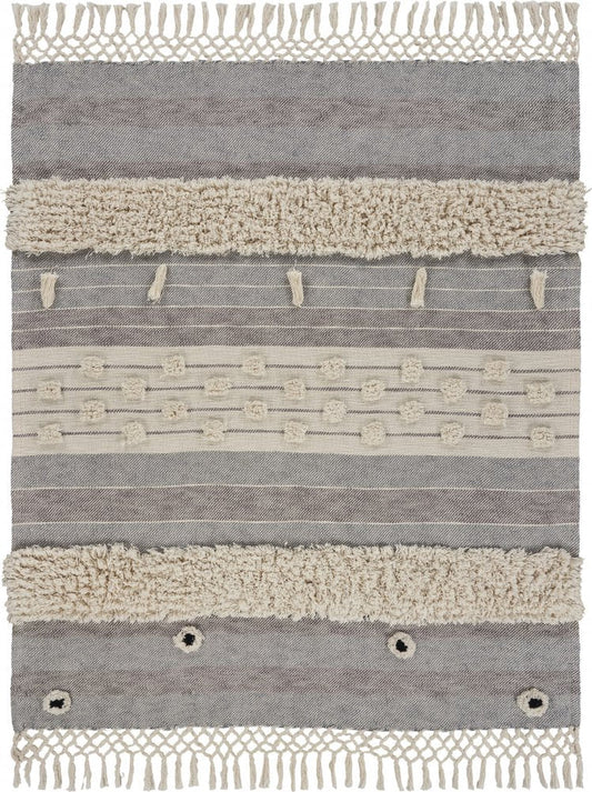 60" X 50" Gray Woven Cotton Striped Throw Blanket with Fringe HomeRoots