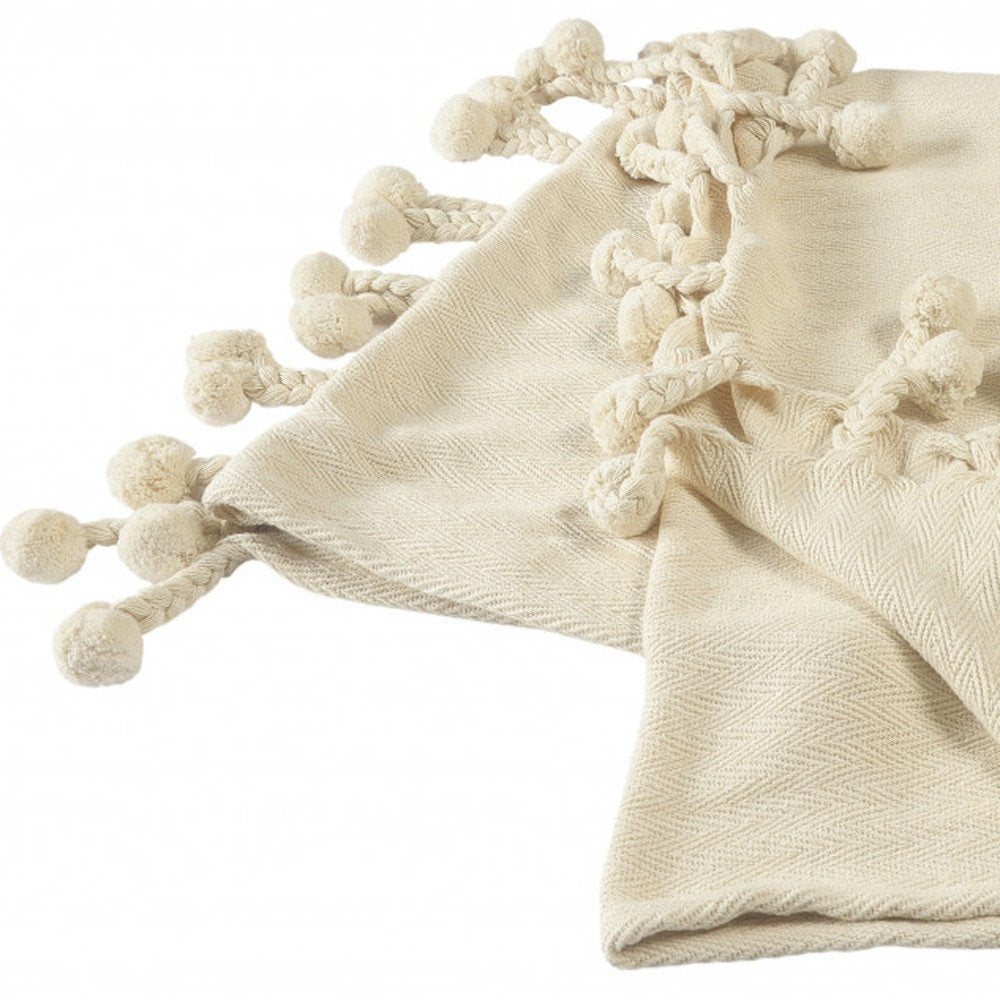 60" X 50" Cream Woven Cotton Chevron Throw Blanket with Tassels HomeRoots