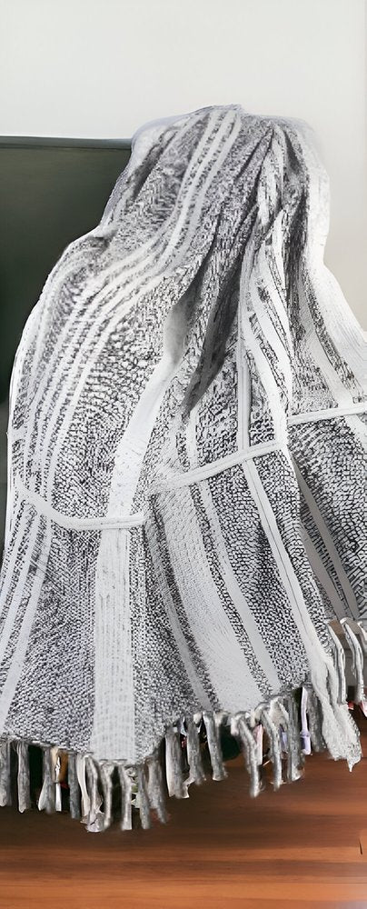 50" X 60" Gray and White Kantha Cotton Striped Throw Blanket with Embroidery HomeRoots