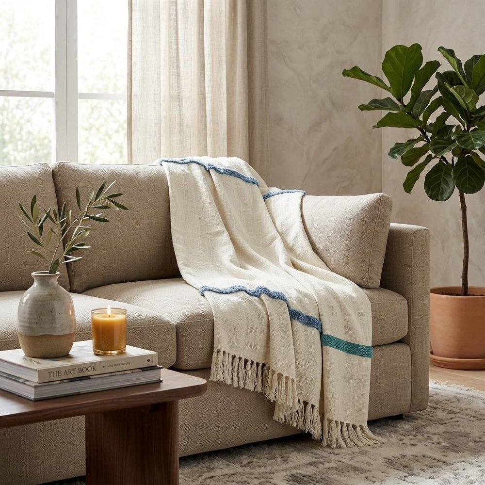 50" X 60" Cream Kantha Cotton Geometric Throw Blanket with Embroidery HomeRoots