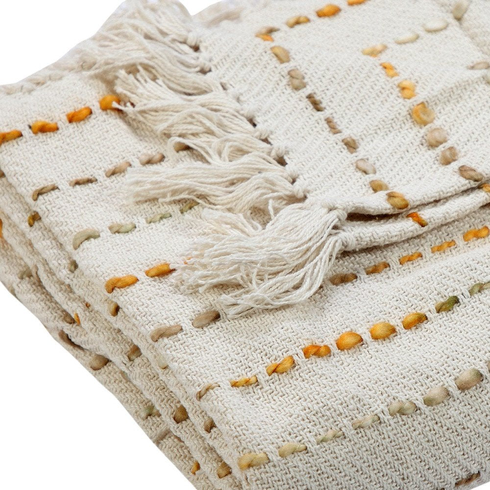 50" X 60" Cream Kantha Cotton Striped Throw Blanket with Embroidery HomeRoots