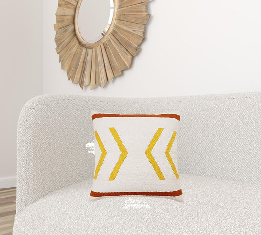 20" X 20" White Yellow And Red Orange 100% Cotton Chevron Zippered Pillow FurniFindUSA