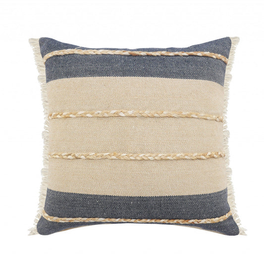24" X 24" Denim Blue Tan And Taupe Jute Coastal Zippered Pillow FurniFindUSA