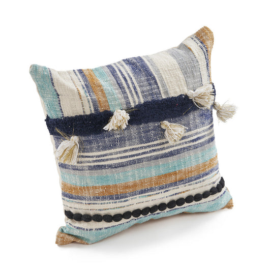 18" X 18" Blue and Beige Patchwork Cotton Zippered Pillow With Tassels FurniFindUSA