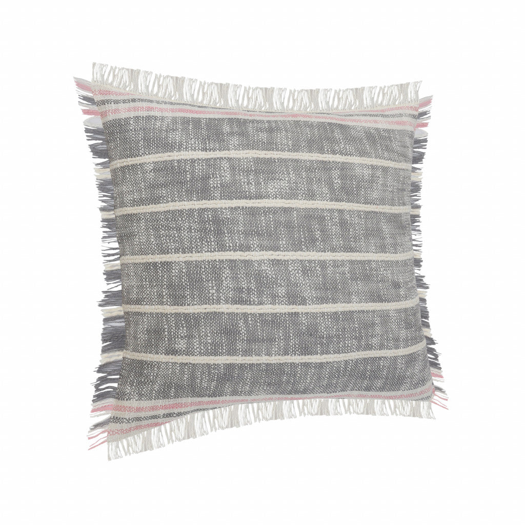 20" X 20" Gray White And Pink 100% Cotton Striped Zippered Pillow FurniFindUSA