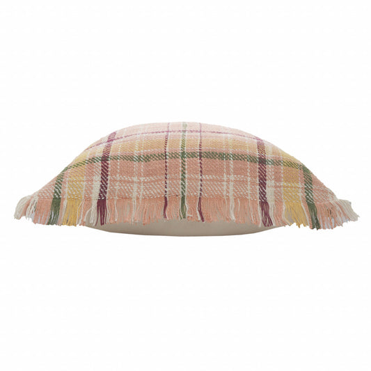 20" X 20" Pink Berry Green And Yellow 100% Cotton Plaid Zippered Pillow FurniFindUSA