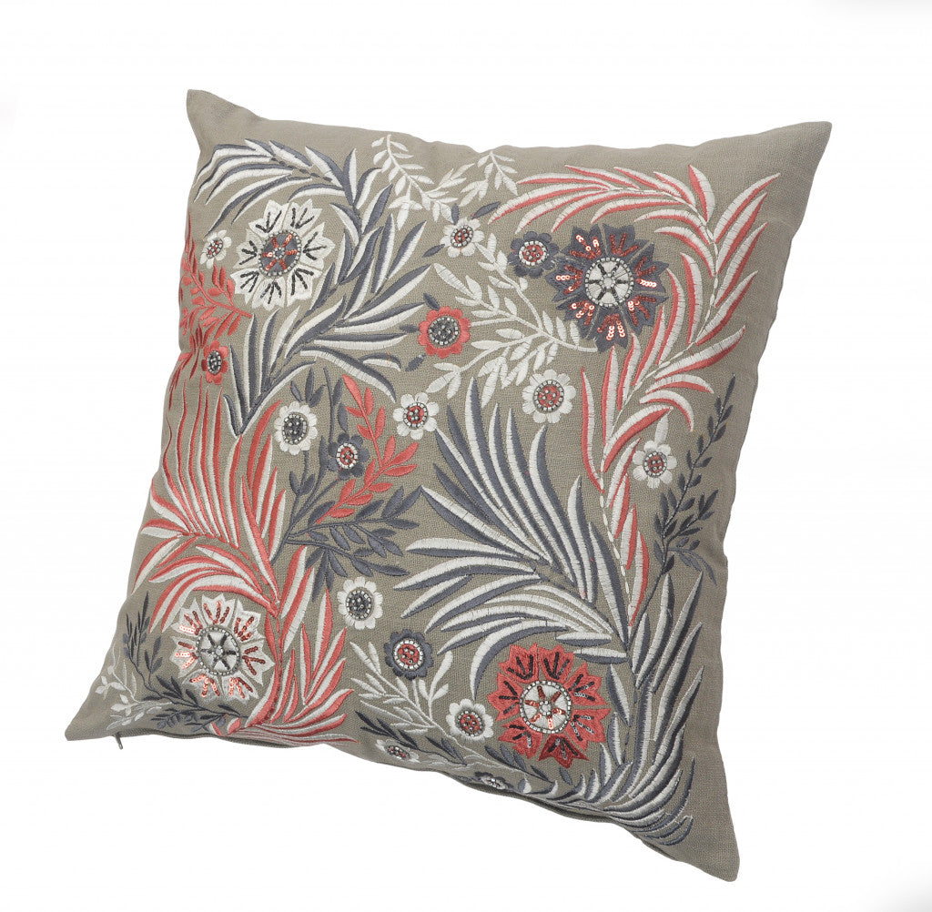 20" X 20" Gray Adn Pink 100% Cotton Floral Zippered Pillow FurniFindUSA