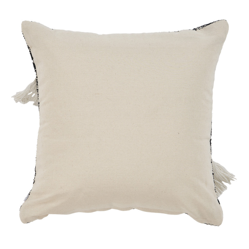 18" X 18" Black and Off White Striped Cotton Zippered Pillow With Fringe FurniFindUSA