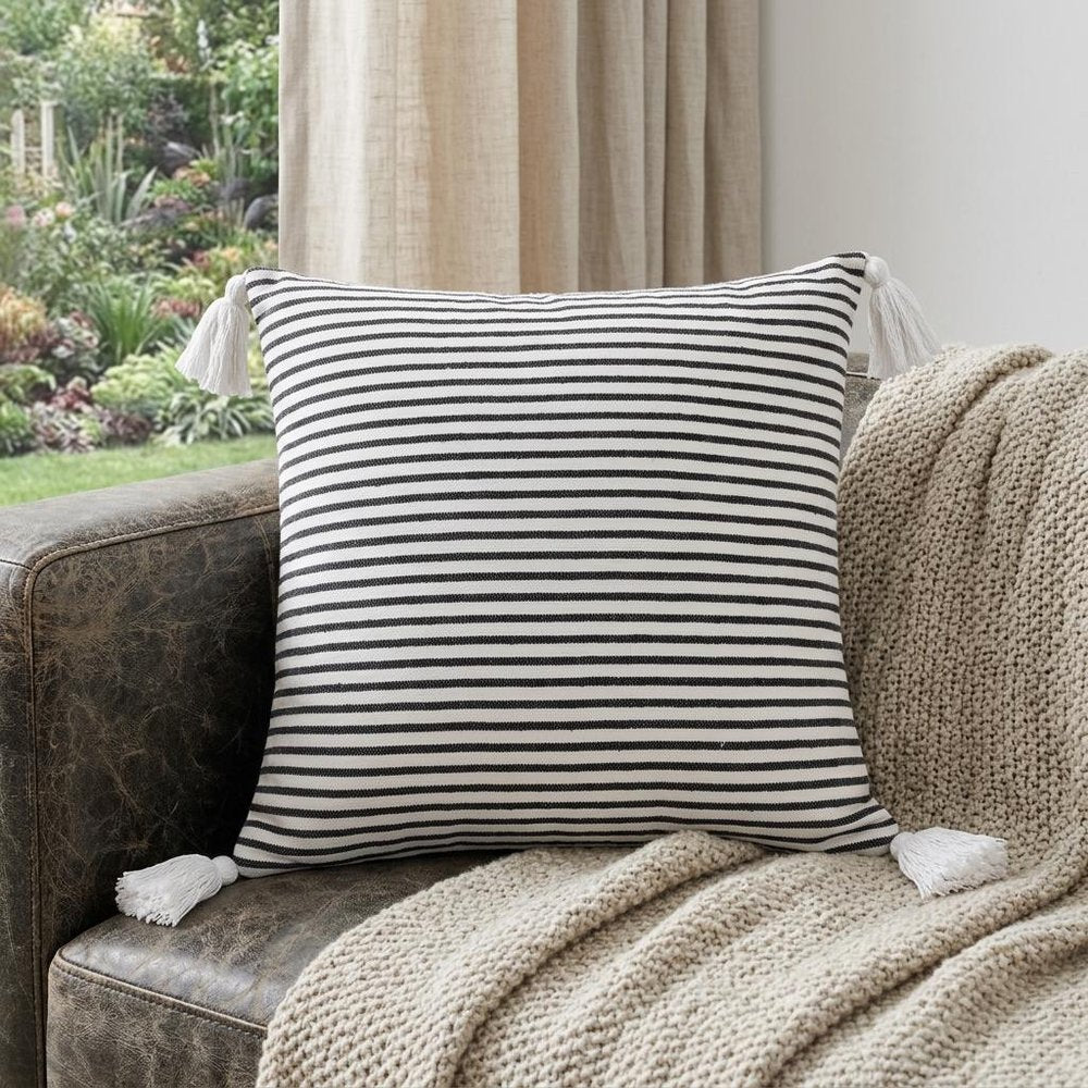20" X 20" Black And White 100% Cotton Striped Zippered Pillow HomeRoots