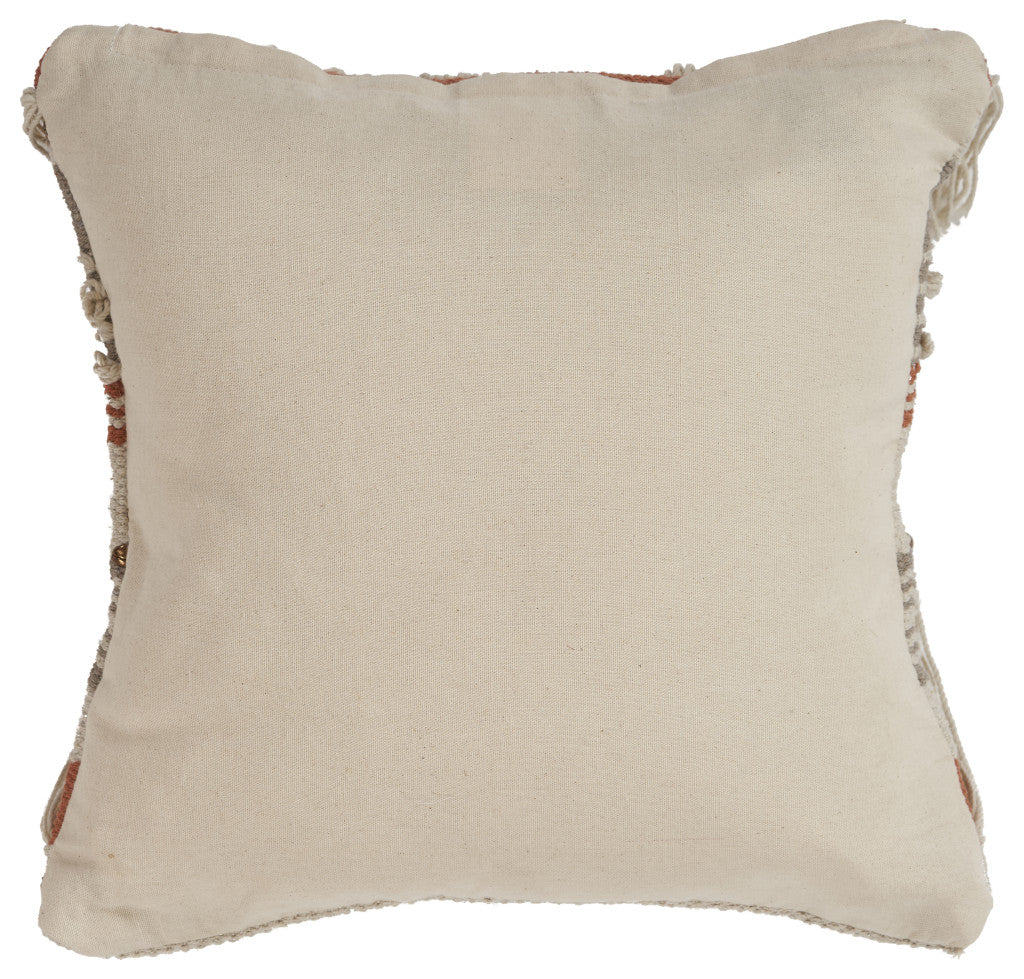 18" X 18" Beige and Red Striped Cotton Zippered Pillow With Fringe FurniFindUSA