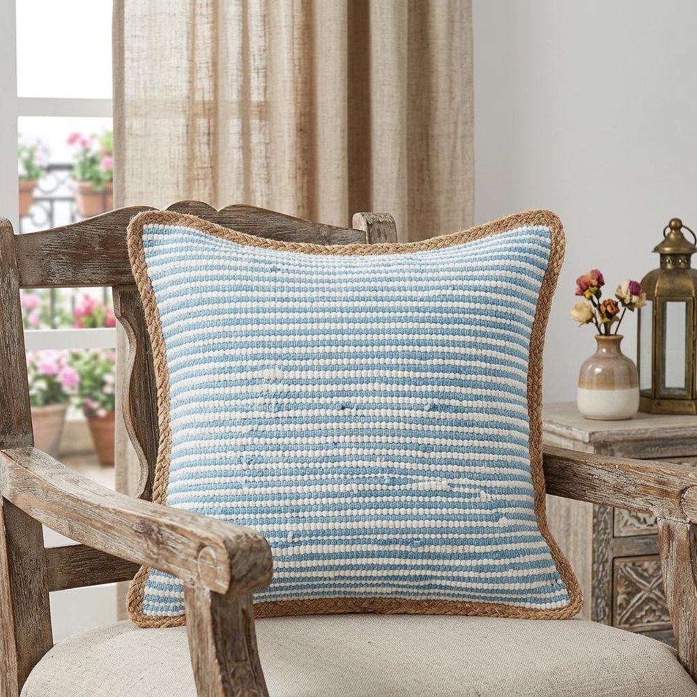 20" X 20" Air Blue White And Tan 100% Cotton Striped Zippered Pillow HomeRoots