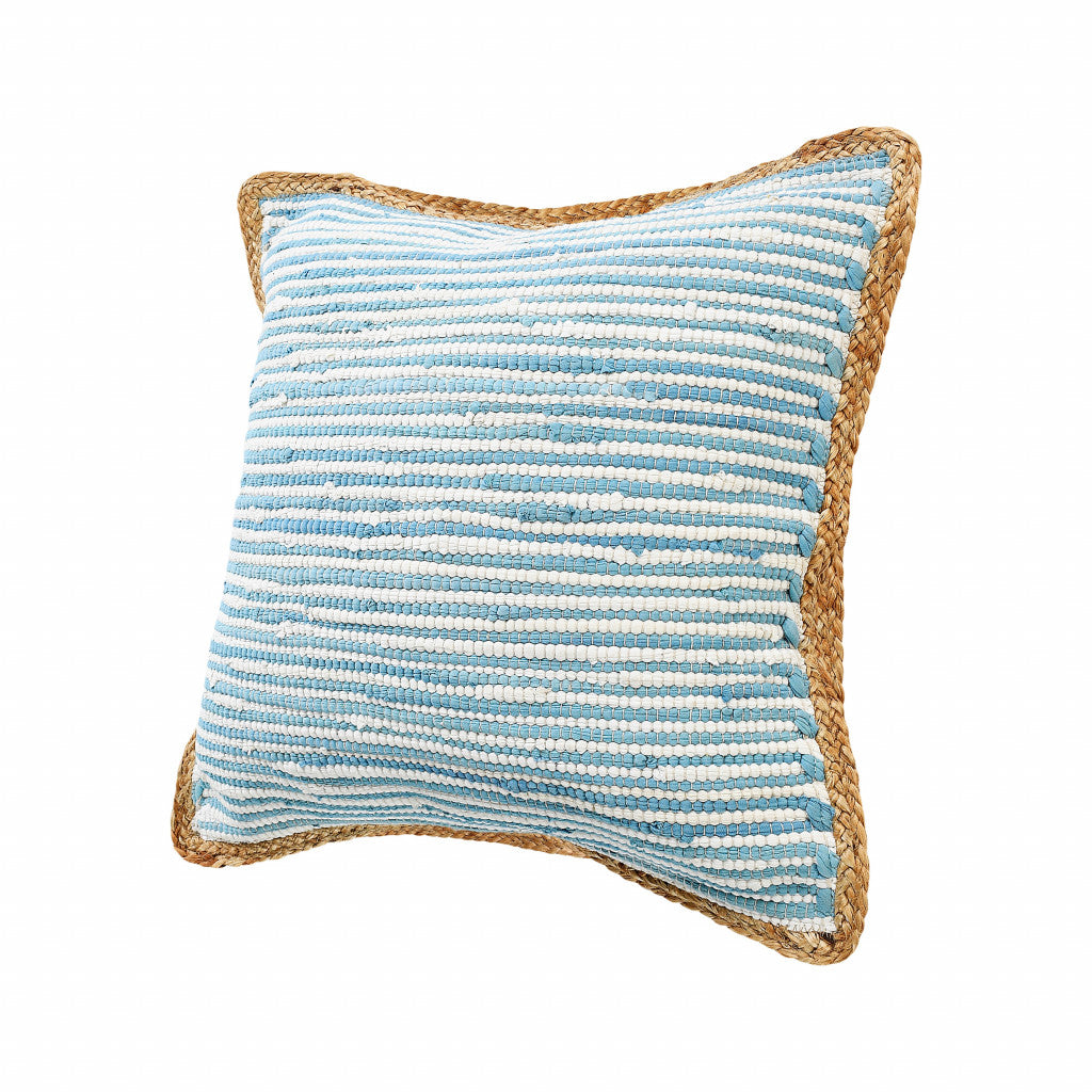 20" X 20" Air Blue White And Tan 100% Cotton Striped Zippered Pillow FurniFindUSA