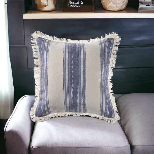 18" X 18" Navy Blue And Ivory 100% Cotton Coastal Zippered Pillow FurniFindUSA