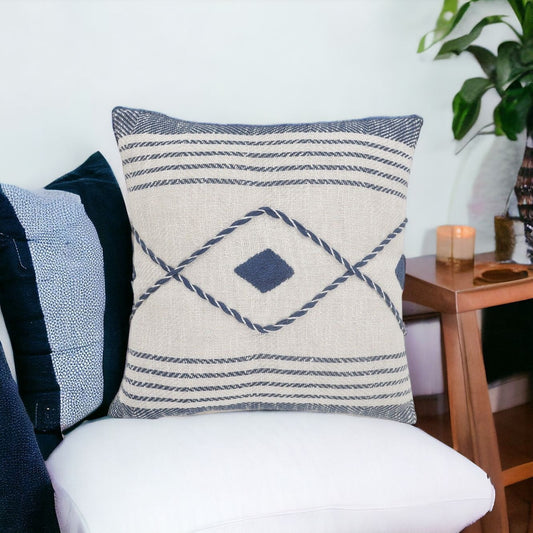 20" Ivory and Blue Coastal Cotton Throw Pillow With Texture FurniFindUSA