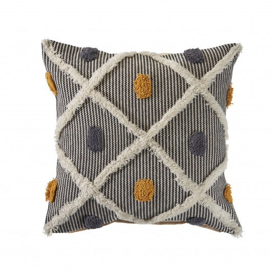 20" Gray Ivory and Yellow Striped Cotton Throw Pillow With Texture FurniFindUSA