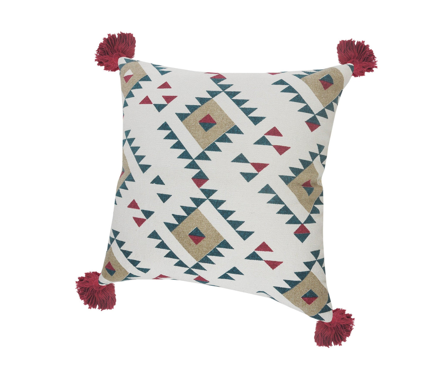 20" X 20" White Burgundy Tan And Teal 100% Cotton Geometric Zippered Pillow FurniFindUSA