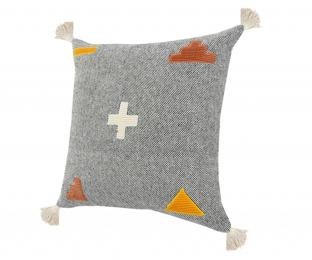 20" X 20" Black Off-White Yellow And Orange 100% Cotton Geometric Zippered Pillow FurniFindUSA