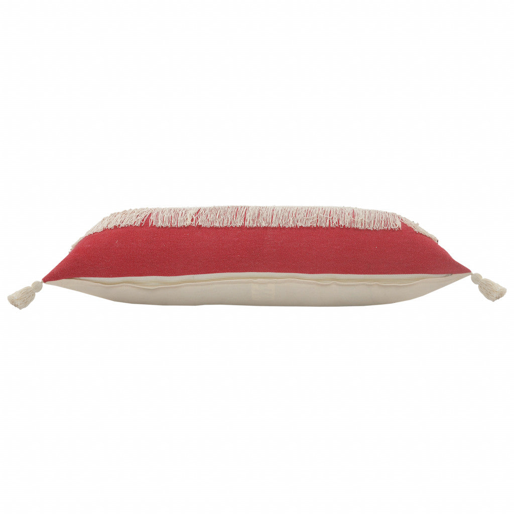 14" X 36" Raspberry Red And Off-White 100% Cotton Zippered Pillow FurniFindUSA