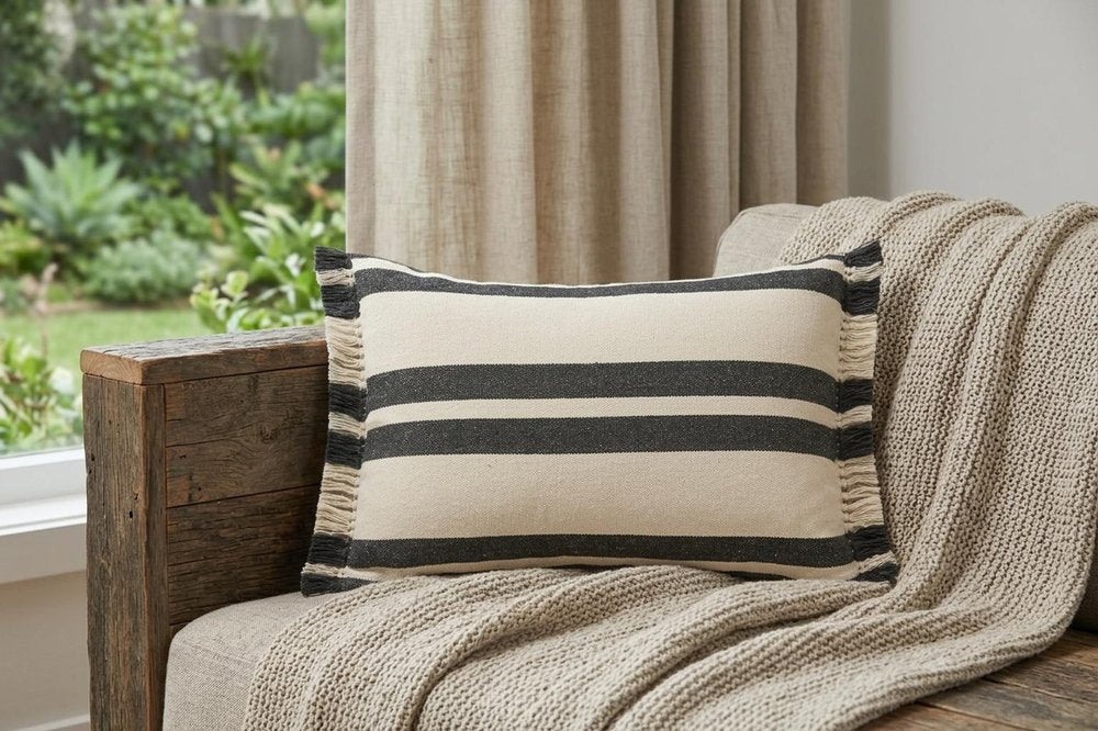16" X 24" Gray And White 100% Cotton Striped Zippered Pillow HomeRoots