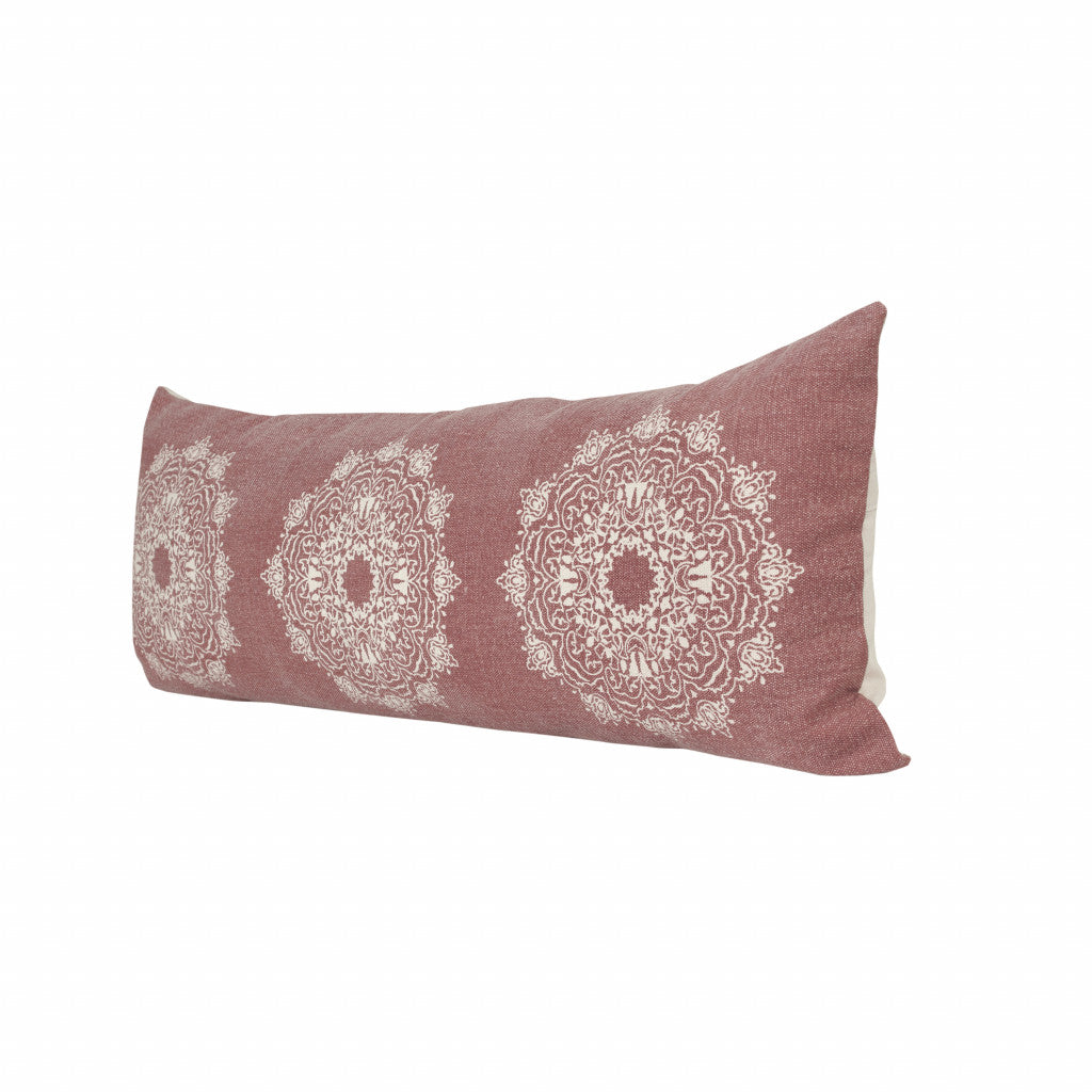 14" X 36" Dusty Rose And White 100% Cotton Geometric Zippered Pillow FurniFindUSA