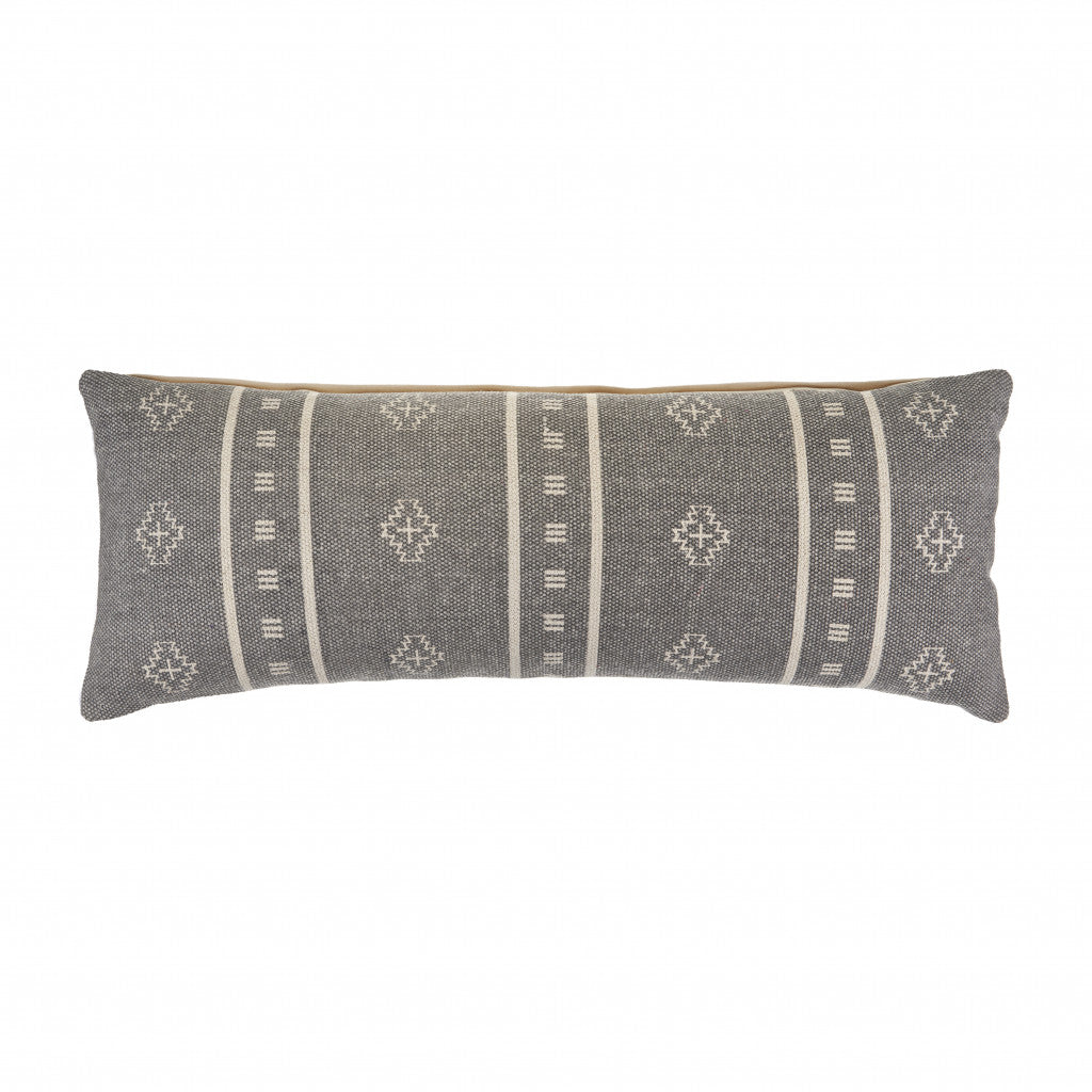 14" X 36" Frost Gray And Cream 100% Cotton Geometric Zippered Pillow FurniFindUSA