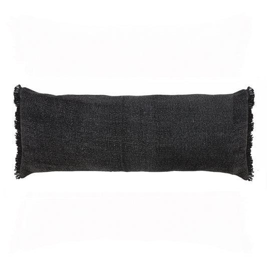 14" X 36" Black Stonewashed Cotton Throw Pillow With Fringe FurniFindUSA